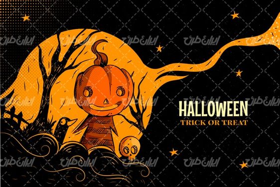 وکتور برداری هالوین همراه با المان های شب وحشت و کدو