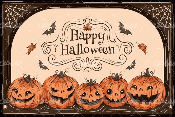 وکتور برداری هالوین همراه با المان های شب وحشت و کدو