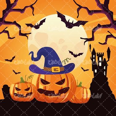 وکتور برداری طرح هالوین همراه با کلاه جادوگر و المان های ترسناک