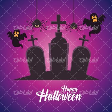 وکتور برداری طرح هالوین همراه با سنگ قبر و المان های ترسناک