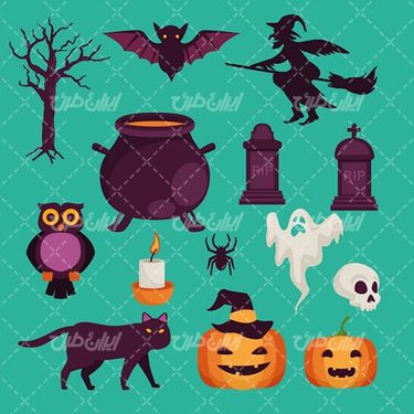 وکتور برداری طرح هالوین همراه با کدو و المان های ترسناک