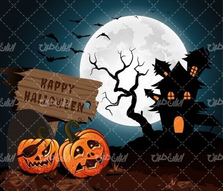 وکتور برداری طرح هالوین همراه با کدو و المان های ترسناک