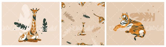 وکتور برداری حیات وحش به همراه حیوانات جنگل و ببر