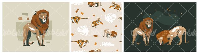 وکتور برداری حیات وحش به همراه حیوانات جنگل و ببر