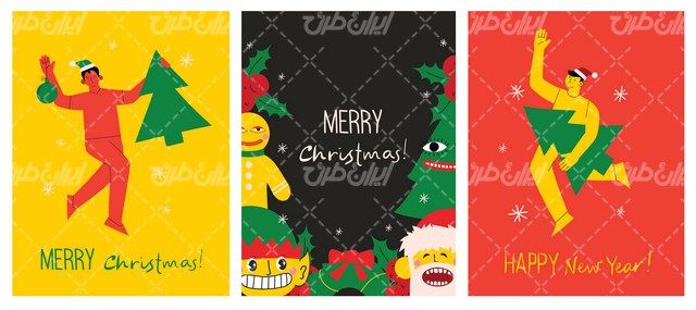 وکتور برداری طرح کریسمس همراه با درخت کریسمس و کارتون