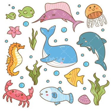 وکتور برداری جانوران دریایی همراه با ماهی و جاندارن دریایی