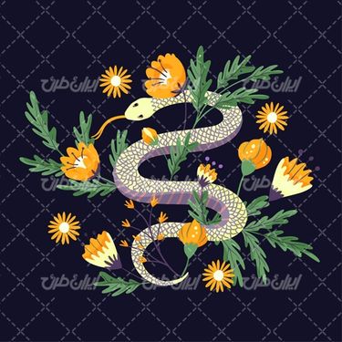 وکتور برداری مار همراه با گل و بوته و گل زیبای رنگی