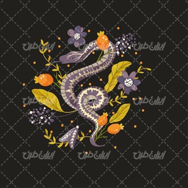 وکتور برداری خزنده همراه با گل و بوته و گل زیبای رنگی
