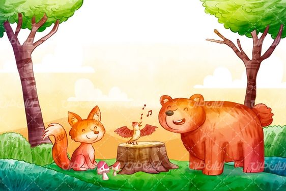 وکتور برداری خرس همراه با برنامه کودک و کنده درخت