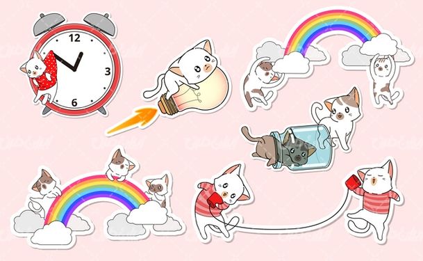 وکتور برداری گربه به همراه رنگین کمان و ساعت شماطه دار
