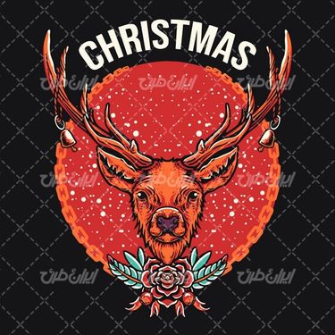 وکتور برداری گوزن شاخ دار کارتونی به همراه گل و بوته