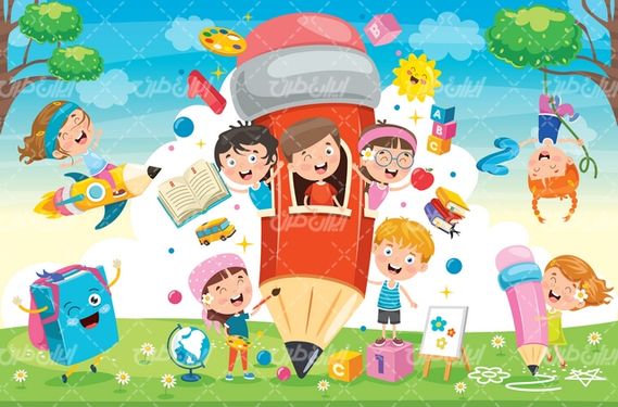 وکتور برداری دانش آموزان به همراه نوشت افزار و لوازم التحریر