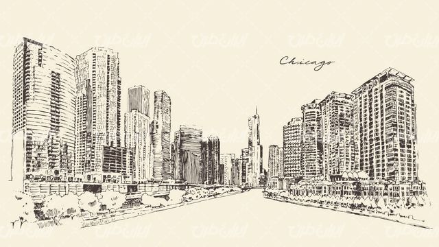 وکتور برداری شهر شیکاگو همراه با طرح سیاه قلم شهر