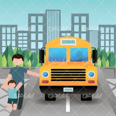 وکتور برداری اتوبوس مدرسه همراه با دانش آموز و مدرسه