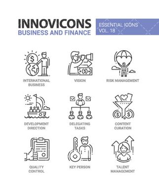 وکتور برداری آیکن سیاه قلم تجارت همراه با آیکن و آیکن خطی