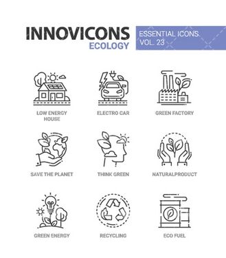 وکتور برداری آیکن سیاه قلم اکولوژی همراه با آیکن و آیکن خطی