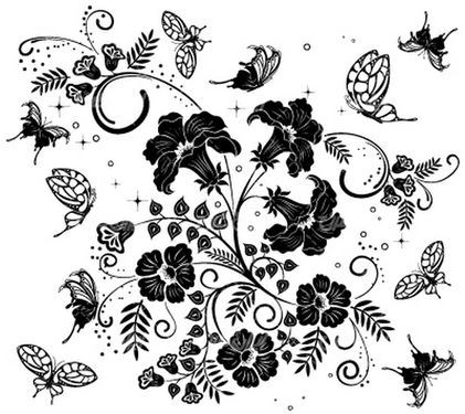 وکتور برداری طرح خالکوبی همراه با گل سیاه قلم و گل و بوته سیاه قلم