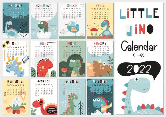 وکتور برداری تقویم  فانتزی همراه با تقویم میلادی و دایناسور